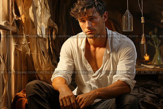 Disappointed Young Man Reflecting on Bitterness of Failed Relationship. Стоковое AI-изображение, AI-художник Юрий Поздников / Фотобанк Лори