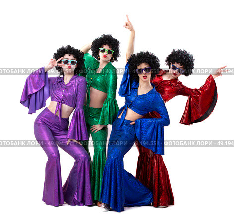 Disco style girls in colorful flared suits and African American wigs on a white background. Seventies or eighties style. Стоковое фото, фотограф Лазаренко Светлана / Фотобанк Лори