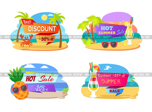 Discounts and price diminution vector, set of banners with crab and pineapple wearing sunglasses. Beverage in glass, cocktail with alcohol, beach. Hot Sale and Discounts for Summer Banners Set. Стоковая иллюстрация, агентство Ingram Publishing / Фотобанк Лори