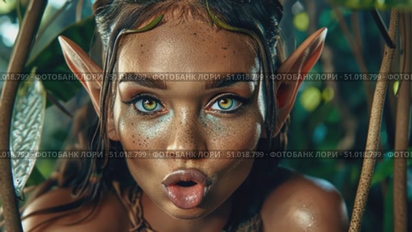 Discover an enchanting moment in the forest with a mystical character displaying a magical aura and striking features among lush greenery. Стоковое AI-видео, аниматор Данила Большаков / Фотобанк Лори