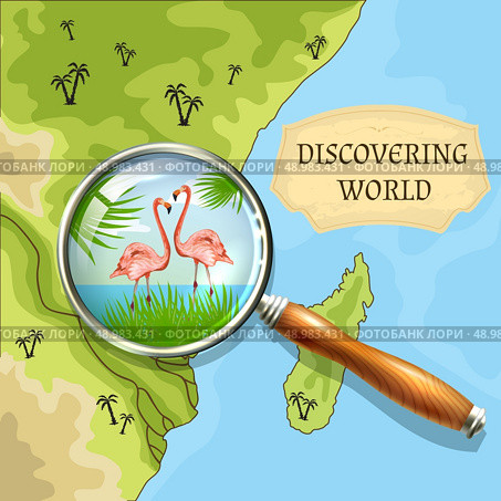 Discovering world background with vintage map and magnifier and vector illustration. Discovering World Background. Стоковая иллюстрация, агентство Ingram Publishing / Фотобанк Лори