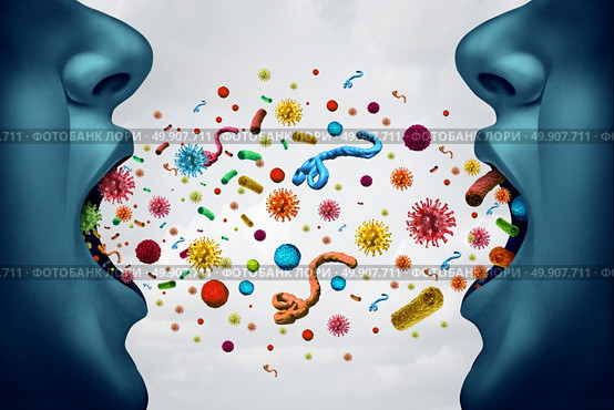 Disease spreading medical concept and infectious illness spread hygiene symbol as people faces with open mouths with germ virus and bacteria airborne as a health care risk concept as contagious pathogens danger with 3D illustration elements. Стоковое фото, агентство Ingram Publishing / Фотобанк Лори