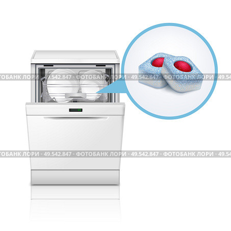 Dishwasher machine tablets realistic composition with image of domestic dishwashing appliance and replaceable detergent tablets vector illustration. Стоковая иллюстрация, агентство Ingram Publishing / Фотобанк Лори