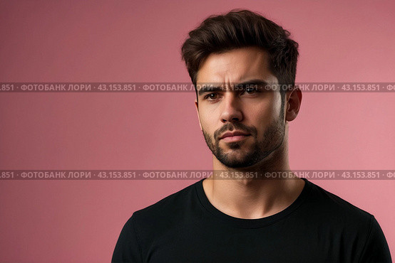 Dissatisfied young man looking unpleasantly away, expresses aversion, smirking at pink background. Guy in black t-shirt scared, negative face expressions concept. Advertising. Copy text space. Стоковое AI-изображение, AI-художник Aleksandr Golubev / Фотобанк Лори