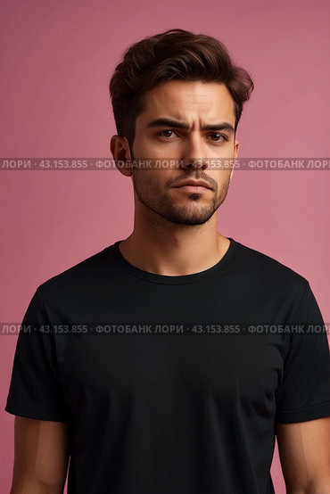 Dissatisfied young man looking unpleasantly away, expresses aversion, smirking at pink background. Guy in black t-shirt scared, negative face expressions concept. Advertising. Copy text space. Стоковое AI-изображение, AI-художник Aleksandr Golubev / Фотобанк Лори