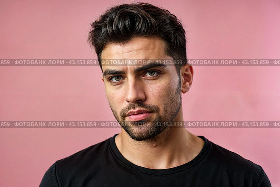 Dissatisfied young man looking unpleasantly away, expresses aversion, smirking at pink background. Guy in black t-shirt scared, negative face expressions concept. Advertising. Copy text space. Стоковое AI-изображение, AI-художник Aleksandr Golubev / Фотобанк Лори