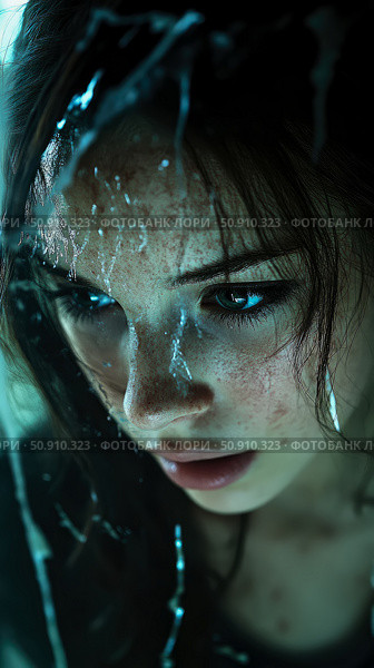 Distress and Beauty: A Close-Up Portrait of a Woman with Water and Dramatic Lighting, Depicting Vulnerability. Стоковое AI-изображение, AI-художник Данила Большаков / Фотобанк Лори