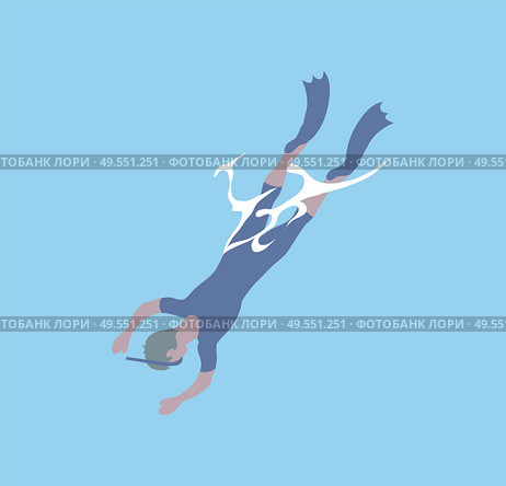 Diver in flippers and mask diving into deep sea waters, top view. Vector snorkeling man in protective swimsuit spend free time at summer. Active way of life. Diver in Flippers and Mask Diving, Deep Sea Waters. Стоковая иллюстрация, агентство Ingram Publishing / Фотобанк Лори
