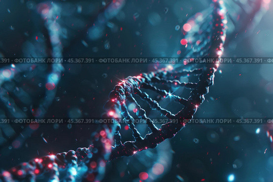 Dna strand rotating showing red and blue genetic information. Стоковое AI-изображение, AI-художник Иван Рябоконь / Фотобанк Лори