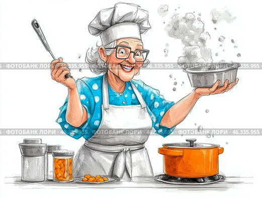 Доброжелательная бабушка готовит в уютной кухне, радуясь кулинарному процессу и традициям. Стоковое AI-изображение, AI-художник Сергей Милянчиков / Фотобанк Лори