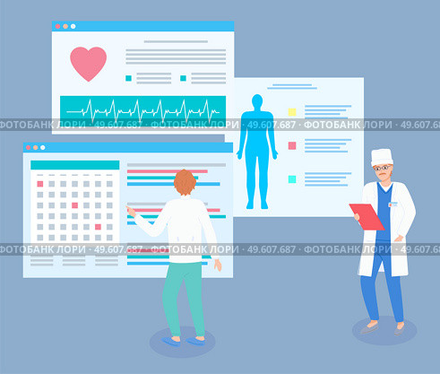 Doctor looking at clipboard in hand. Therapist looking at medical website with calendar, planning date of visiting patients. Electrocardiogram, results of scanning body, medical test, text information. Therapist looking at medical website with calendar, planning date of visiting patients, doctors. Стоковая иллюстрация, агентство Ingram Publishing / Фотобанк Лори