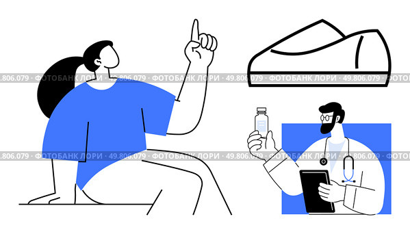 Doctor wearing coat and stethoscope holding a pill bottle, woman seated raising finger, medical slipper. Ideal for medical advice, healthcare, wellness, patient interaction, doctor-patient relations. Doctor holding a medicine bottle, seated woman with finger raised, and a medical slipper. Стоковая иллюстрация, агентство Ingram Publishing / Фотобанк Лори