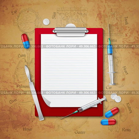 Doctors Notebook Medical Composition. Composition with realistic medical tools syringe lancet pills and blank doctors notepad page on grunge background vector illustration. Стоковая иллюстрация, агентство Ingram Publishing / Фотобанк Лори