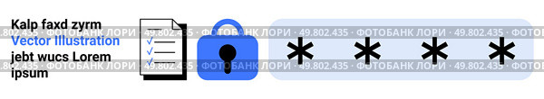 Document list beside a blue padlock and four asterisks representing a password. Ideal for cyber security, data protection, secure access, authentication systems, confidentiality, digital privacy. Secure File Access Illustrated with Lock, Document List, and Password Field with Asterisks. Стоковая иллюстрация, агентство Ingram Publishing / Фотобанк Лори