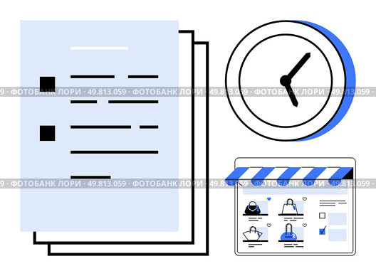 Documents, analogue clock, and e-commerce website window with shopping items and cart icon. Ideal for productivity, task management, e-commerce, retail business, online shopping, time management. Time management for task completion in online retail with shopping lists, clocks, and e-commerce websites. Стоковая иллюстрация, агентство Ingram Publishing / Фотобанк Лори
