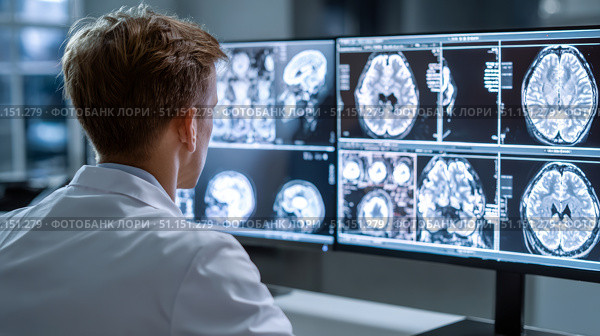 Доктор смотрит рентгеновские снимки на компьютере. The doctor is looking at X-ray images on a computer. Стоковое AI-изображение, AI-художник Смирнова Светлана / Фотобанк Лори