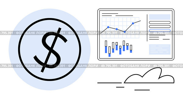Dollar sign within a circle, financial graph, and cloud symbol. Ideal for financial analysis, business strategy, economic forecasts, fiscal reports, stock market, strategic planning, data. Dollar sign with financial graphs and cloud icon representing monetary analysis and strategic planning. Стоковая иллюстрация, агентство Ingram Publishing / Фотобанк Лори