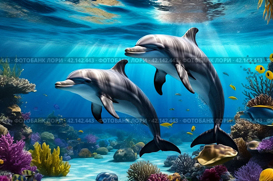 Dolphin (Delphinidae) mammal swimming in tropical underwaters. Two Dolphins in underwater wild world. Observation of wildlife ocean. Scuba diving adventure in Ecuador coast. Copy text space. Стоковое AI-изображение, AI-художник Aleksandr Golubev / Фотобанк Лори