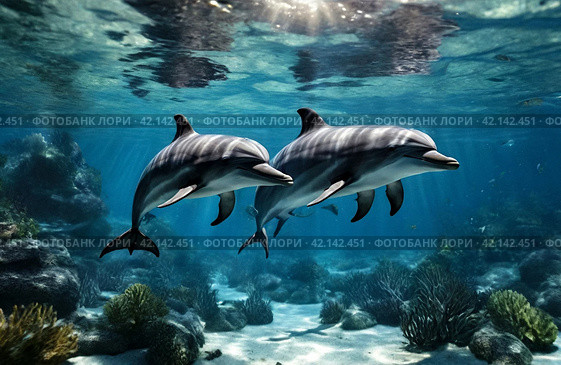 Dolphin (Delphinidae) mammal swimming in tropical underwaters. Two Dolphins in underwater wild world. Observation of wildlife ocean. Scuba diving adventure in Ecuador coast. Copy text space. Стоковое AI-изображение, AI-художник Aleksandr Golubev / Фотобанк Лори