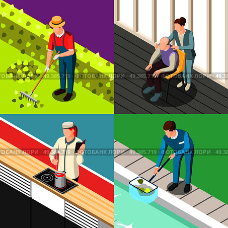 Domestic servant isometric design concept with gardener, personal chef, pool cleaner, nurse isolated vector illustration. Domestic Servant Isometric Design Concept. Стоковая иллюстрация, агентство Ingram Publishing / Фотобанк Лори