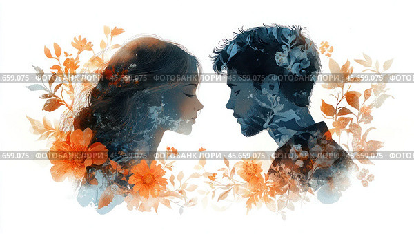 Double exposure of a couple in love: Delicate silhouettes against a background of flowers. Стоковое AI-изображение, AI-художник Ярославский Максим / Фотобанк Лори