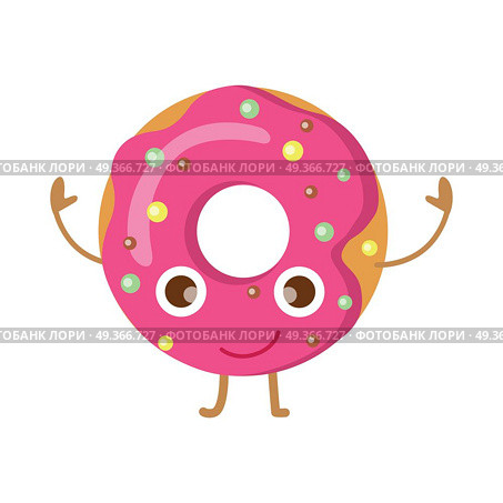 Doughnut with Pink Sprinkles Funny Happy Character. Doughnut with pink sprinkles isolated on white. Funny happy cartoon character. Colourful small balls. Huge tasty donut with big round hole inside. Children menu. Flat design. Vector illustration. Стоковая иллюстрация, агентство Ingram Publishing / Фотобанк Лори