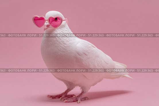 Dove wearing heart shaped pink sunglasses on a studio pink color background. Copy space for text. Cute funny white pigeon dressed fashion clothes. Humor, Love, Romance concept. Valentines Day Holiday. Стоковое AI-изображение, AI-художник Марина Демидюк / Фотобанк Лори