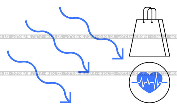 Downward arrows next to shopping bag and heartbeat symbolizing decline. Ideal for economic analysis, retail strategy, wellness reports, market shifts, consumer behavior, health trends, data. Downward Trends with Shopping Bag and Heartbeat Monitor Portraying Economic and Health Decline. Стоковая иллюстрация, агентство Ingram Publishing / Фотобанк Лори