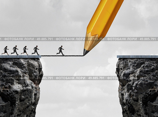 Drawing a bridge and conquering adversity business concept as a group of people running from one cliff to another with the help of a pencil line sketch as a concept for bridging the gap for success. Стоковое фото, агентство Ingram Publishing / Фотобанк Лори
