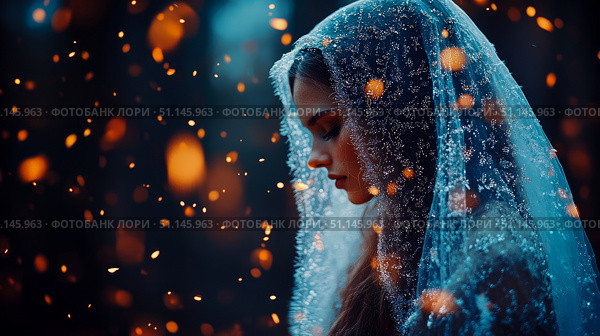 Dreamlike Portrait of Serene Woman Draped in Sparkling Blue Veil, Surrounded by Myriad of Golden Ethereal Lights. Стоковое AI-изображение, AI-художник Данила Большаков / Фотобанк Лори