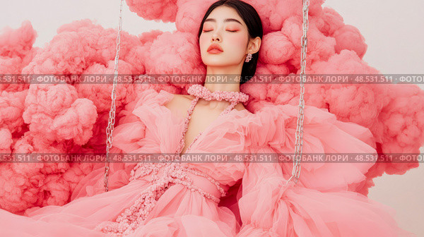 Dreamy Reverie: A serene woman on a swing amidst a cloud of pink, a composition for print, poster, card and dream interpretation. Стоковое AI-изображение, AI-художник Данила Большаков / Фотобанк Лори