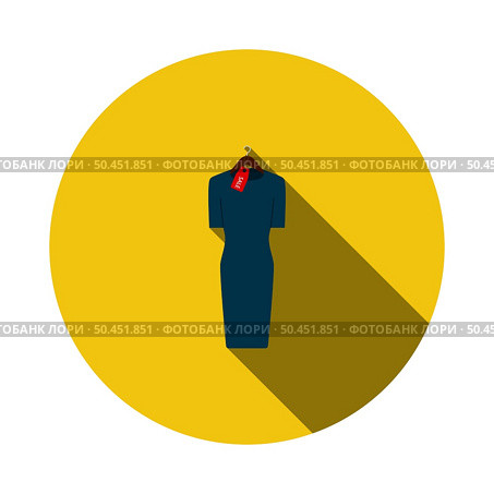 Dress On Hanger With Sale Tag Icon. Flat Circle Stencil Design With Long Shadow. Vector Illustration. Стоковая иллюстрация, агентство Ingram Publishing / Фотобанк Лори