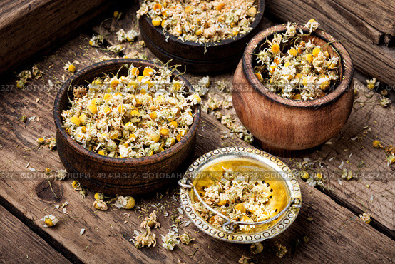 Dried chamomile flowers on wooden table.Alternative medicine.Bowls of dry medicinal herbs. Dried chamomile flowers. Стоковое фото, агентство Ingram Publishing / Фотобанк Лори