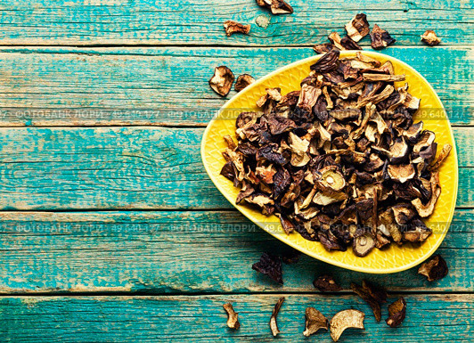Dried forest mushrooms in a plate.Delicious mushroom.Copy space. Heap of dried mushrooms. Стоковое фото, агентство Ingram Publishing / Фотобанк Лори