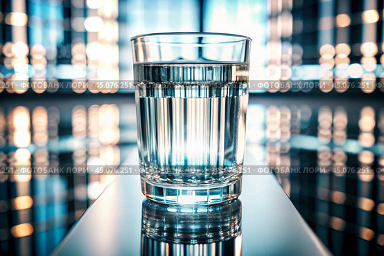 Drinks. A glass of crystal clear fresh drinking water on the table in the home interior. Стоковое AI-изображение, AI-художник Photojuli / Фотобанк Лори