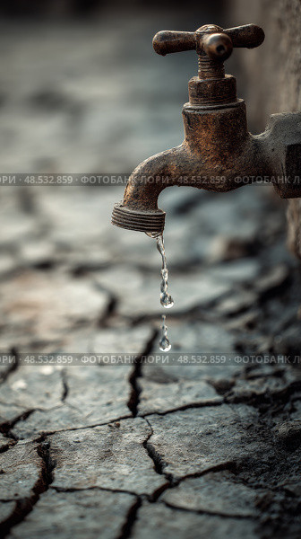 Dripping rusty faucet over parched earth signifying water scarcity and drought. Стоковое AI-изображение, AI-художник Olga Didraga / Фотобанк Лори