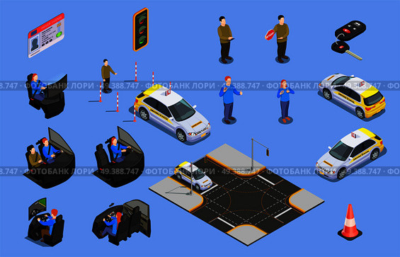 Driving school isometric icons collection of car simulators driver license and human characters with safety cone vector illustration. Driving School Isometric Icons. Стоковая иллюстрация, агентство Ingram Publishing / Фотобанк Лори