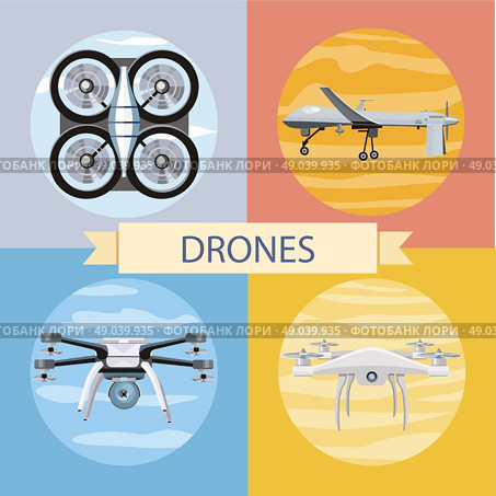 Drone flying for aerial photography or video shooting. Set of different quadrocopters icons. Concept in flat design style. Can be used for web banners, marketing and promotional materials, presentation templates. Стоковая иллюстрация, агентство Ingram Publishing / Фотобанк Лори