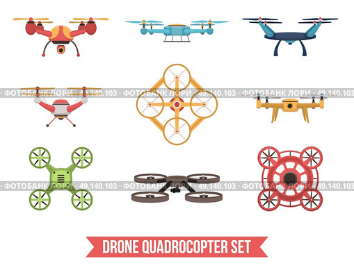 Drone Quadrocopter Set. Flat set of flying colorful unmanned drone quadrocopters isolated on white background vector illustration. Стоковая иллюстрация, агентство Ingram Publishing / Фотобанк Лори