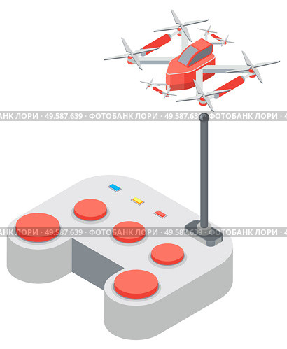 Drone with remote controller, wireless device with propellers, quadcopter symbol, aircraft with remotely radio controlled flying robots, discovery air robot for video and photo, multicopter vector. Quadcopter and Remote Controller, Drone Vector. Стоковая иллюстрация, агентство Ingram Publishing / Фотобанк Лори