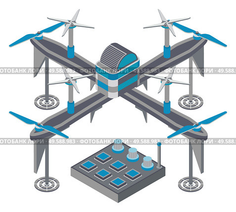 Drone with remote controller, wireless device with propellers, quadcopter symbol, aircraft with remotely radio controlled flying robots, discovery air robot for video and photo, multicopter vector. Quadcopter and Remote Controller, Drone Vector. Стоковая иллюстрация, агентство Ingram Publishing / Фотобанк Лори