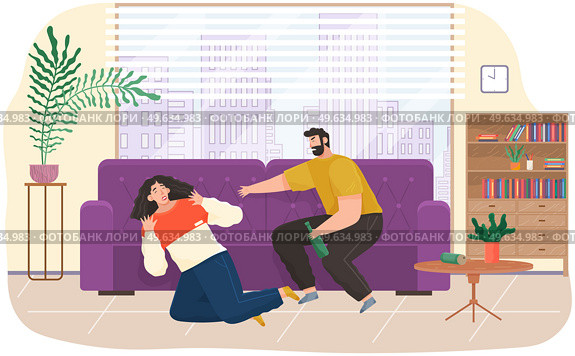 Drunk angry man scolding his wife while drinking booze. Arguing, reprimanding, having argument fight. Husband and wife breakup, parting and divorce. Family problems, couple conflicts. Marriage crisis. Drunk man scolding his wife while drinking booze. Arguing, reprimanding, having argument fight. Стоковая иллюстрация, агентство Ingram Publishing / Фотобанк Лори