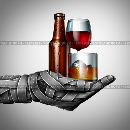 Drunk driving and drinking on the highway under the influence as a group of roads shaped as a hand holding alcoholic drinks as beer wine and whiskey as a transportation criminal offence as a 3D illustration. Стоковое фото, агентство Ingram Publishing / Фотобанк Лори