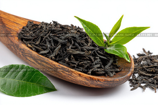 Dry black tea leaves in a wooden spoon isolated on white background. Pile of Dried fermented tea. Black Tea Leaves Heap. Close Up, Macro. Texture. Copy Space. Dried Tea. Abstract Food Drink Backdrop. Стоковое AI-изображение, AI-художник Марина Демидюк / Фотобанк Лори