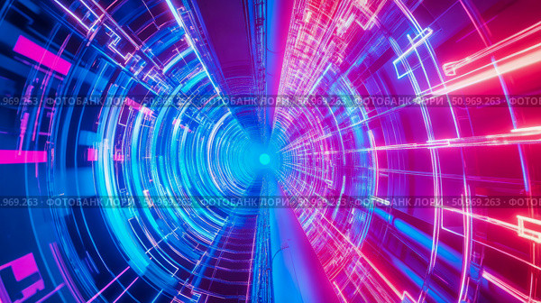 Dual-toned neon futuristic digital data tunnel with glowing cyber circuitry, symbolizing interconnectedness and infinite virtual pathways. Стоковое AI-изображение, AI-художник Данила Большаков / Фотобанк Лори