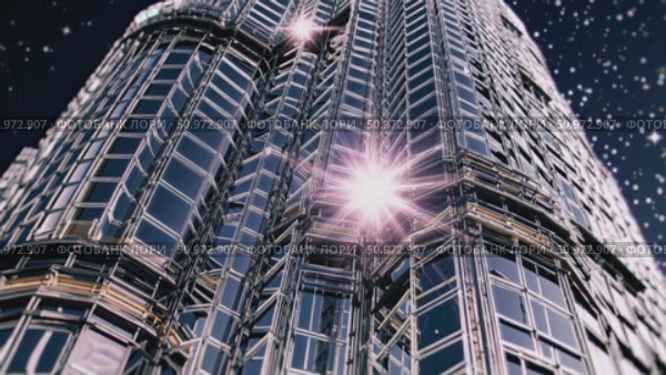 Dubai skyline featuring glowing Burj Khalifa towering against starry night sky, radiating futuristic luminescence with dramatic lens flare effect. Стоковое AI-видео, аниматор Данил Руденко / Фотобанк Лори