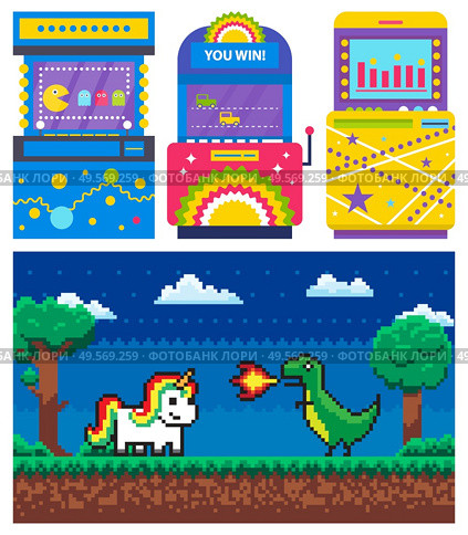 Duel of unicorn and dragon with fire, dark view and green nature. Game machine set, old video-game, superhero and computer, joystick symbol vector. 8 bit pixel ojects for app game. Game Machine, Unicorn and Dragon, Pixel Vector. Стоковая иллюстрация, агентство Ingram Publishing / Фотобанк Лори