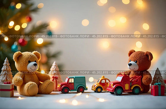Два мишки тедди, сидят с новогодними игрушками, новогодними подарками, возле ёлки, для открытки. Two teddy bears are sitting with New Year's toys, New Year's gifts, near the Christmas tree, for a postcard. Стоковое AI-изображение, AI-художник Наталья Пеньшина / Фотобанк Лори