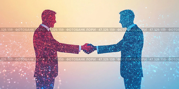Двое мужчин пожимают друг другу руки в деловой обстановке. Стоковое AI-изображение, AI-художник Ярославский Максим / Фотобанк Лори
