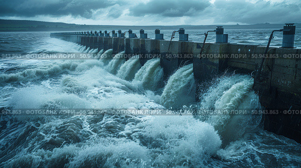Dynamic and powerful waves crash forcefully against the coastal barrier during intense stormy weather conditions. Стоковое AI-изображение, AI-художник Anastasy Yarmolovich / Фотобанк Лори
